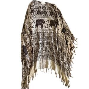 Boho Elephant Print Kimono Shawl Wrap Fringe Lightweight Khaki Festival